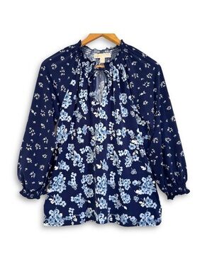 Michael Kors Ruffle Peasant Blouse Tie Neck Floral Blue